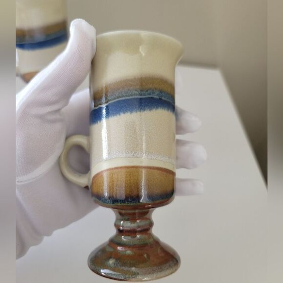 Vintage Otagiri Irish Coffee Mugs Pedestal Blue Beige Set of 2 1049 A - Picture 11 of 12